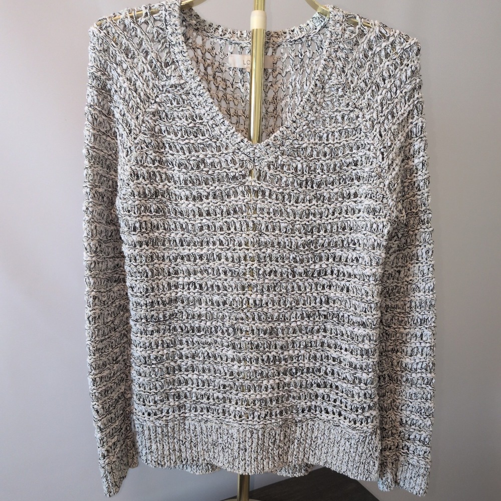 Loft V-Neck Sweater Womens Large Black White Marled Open Knit Cotton Blend Boho